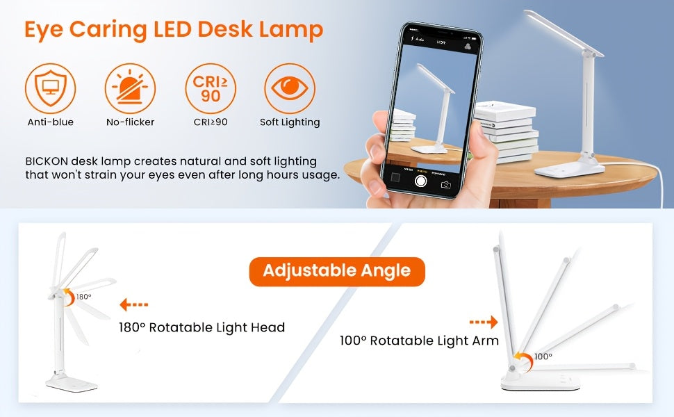 LED Desk Lamp, 5 Color Temperature Modes, Flicker-free, Eye Protection. Touch Switch with Timer Function, USB Powered. Suitable for Home, Office, Reading, Studying, and Working