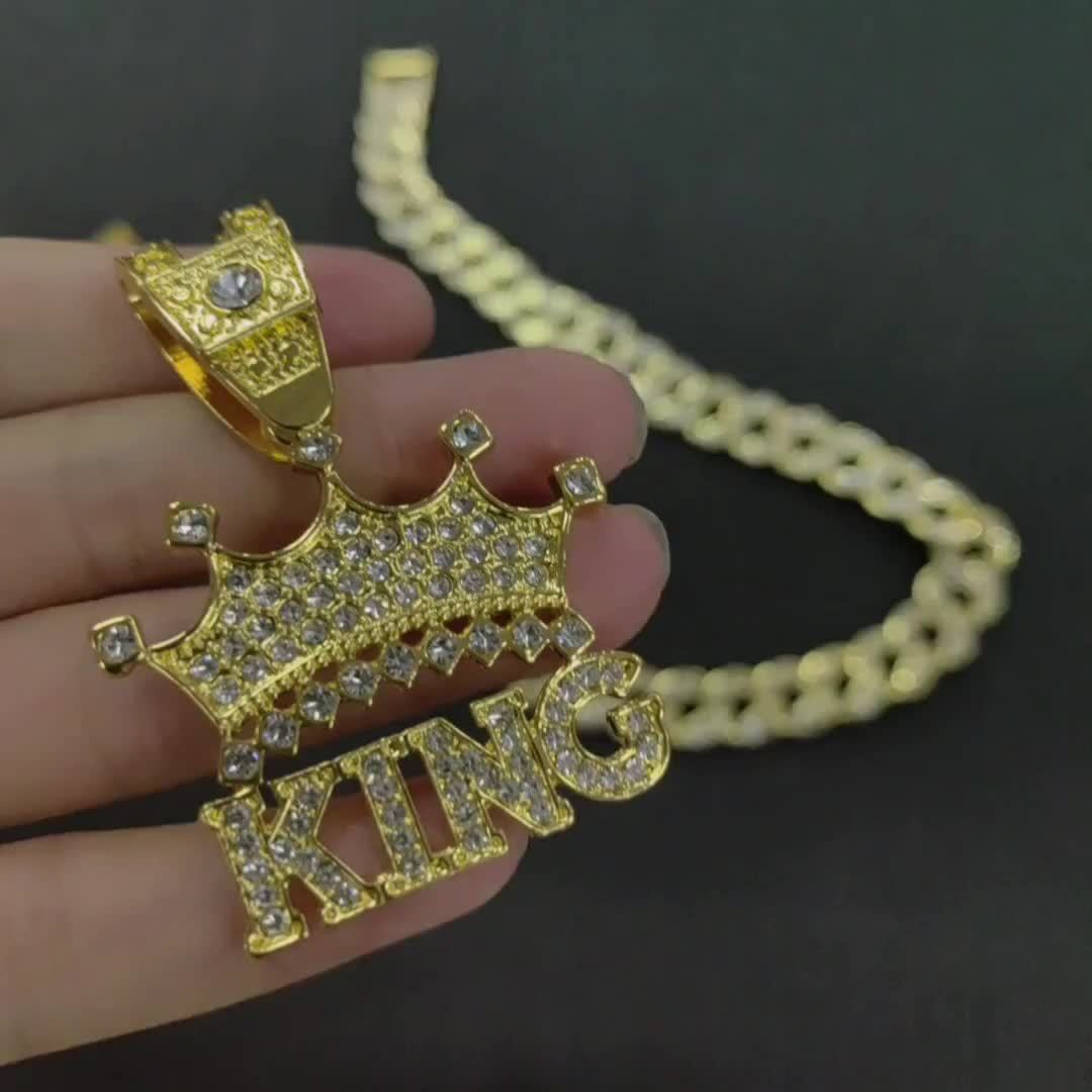 Men'S -Studded Crown Pendant Hip-Hop KING Letter Pendant Jewelry Street Trendy Cool Thick Cuban Necklace 1pc
