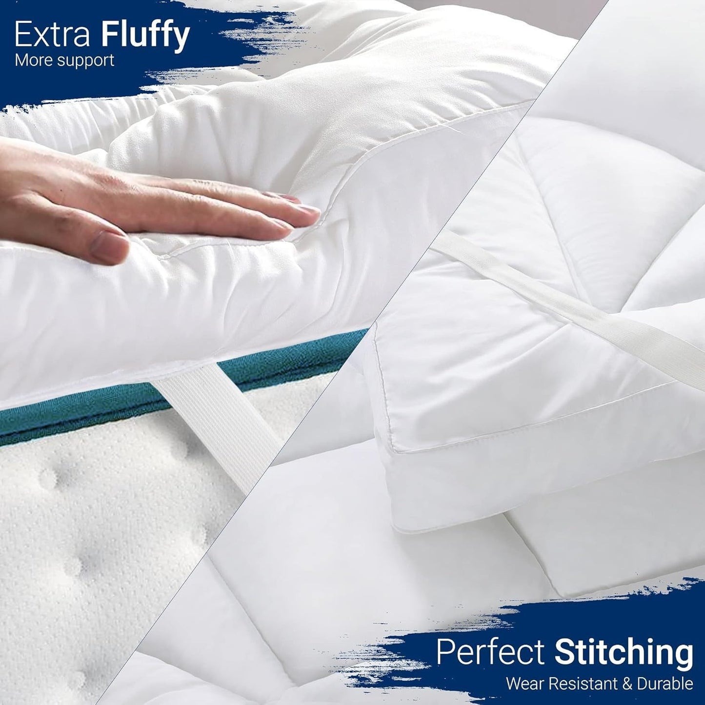 Mattress Topper, 10cm/4Inch Microfiber Overfill, Plush Soft Surface, Four-Corner Elastic Straps for Secure Fit, Anti-Shift & Even Weight Distribution, Fits Single/Double/King/Super King UK Beds