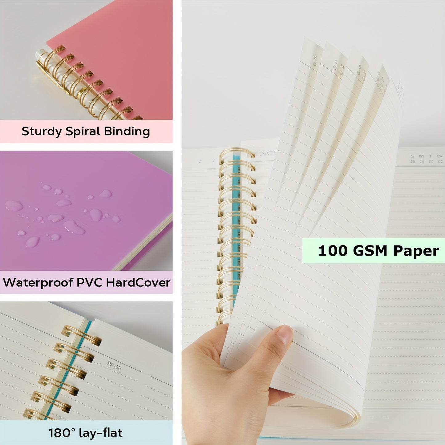 A5 Notebook, 300 Pages Wirebound Spiral Notepad for Writing, with Bookmark Ruler, 100gsm College Ruled Paper, No Bleed, PVC Cover, for Work Office School, 14.5 X 21cm Christmas Gifts, Back to School, College Essentials