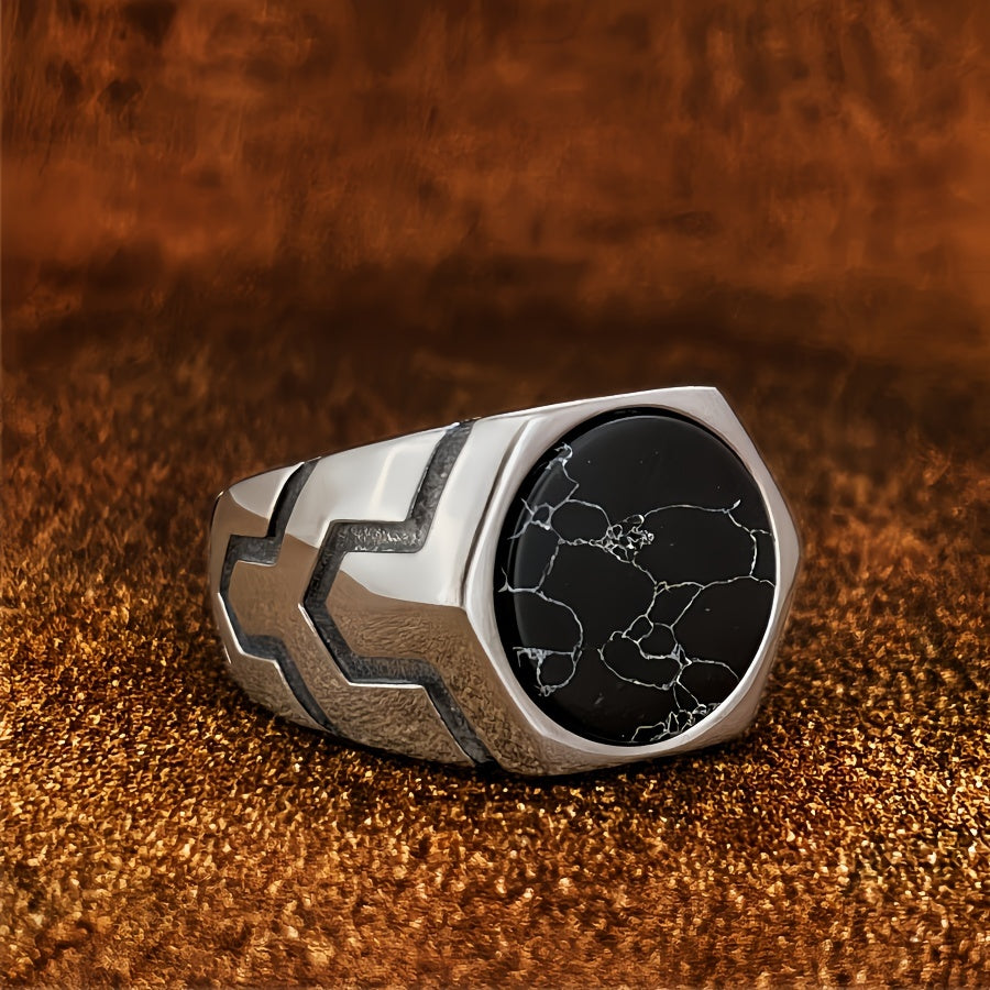 Middle East Titanium Stainless Steel Steel Retro Faux Gemstone Turquoise Stainless Steel Ring, Durable Anti-allergy Men's Fashion Jewelry Anniversary or Birthday Gift Suitable for Daily Wear