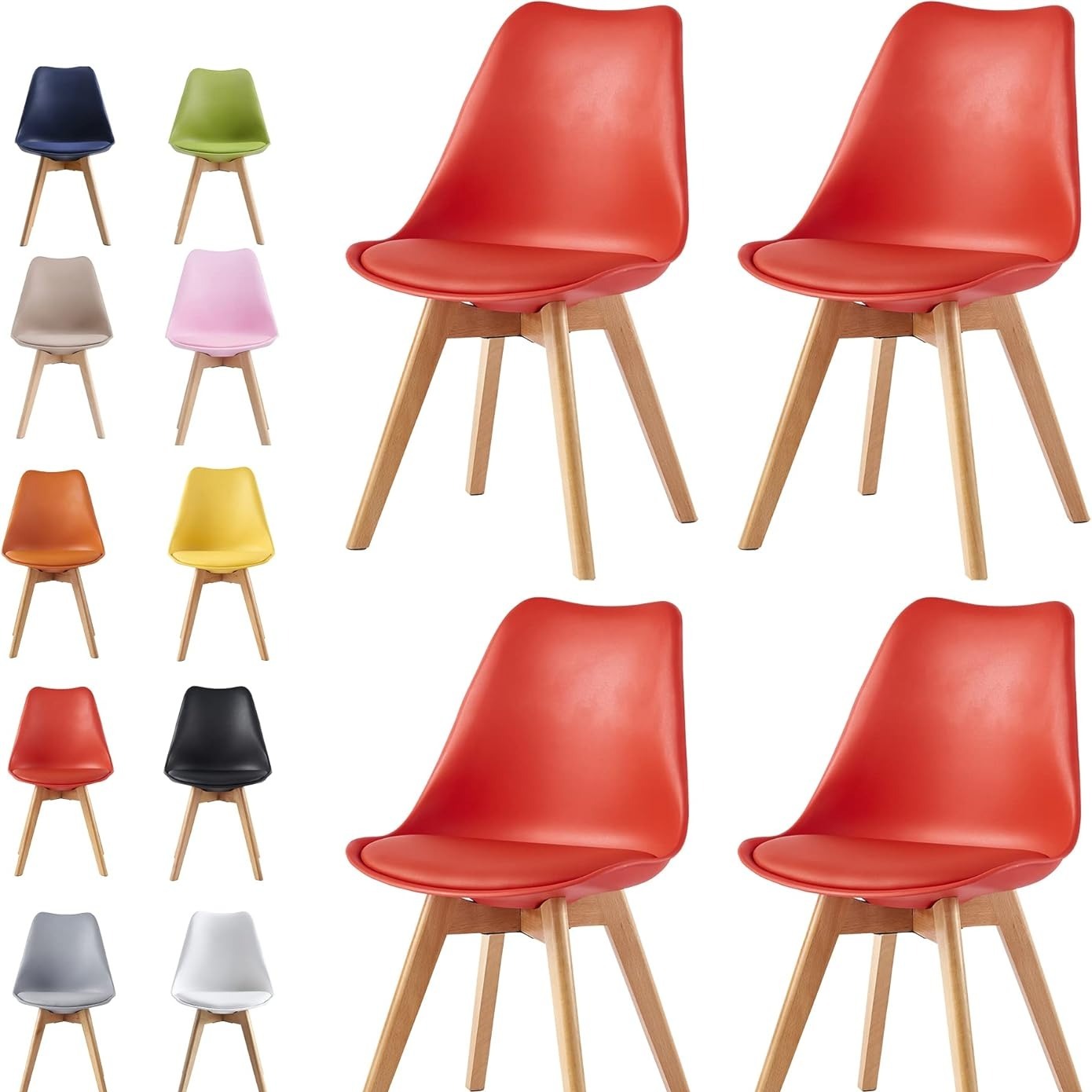 Set of 4 Dining Chairs with Wooden Legs & Cushion Pad - Retro Mid-Century Faux Leather Seat, 120kg Capacity, 7 Colours, UK Stock