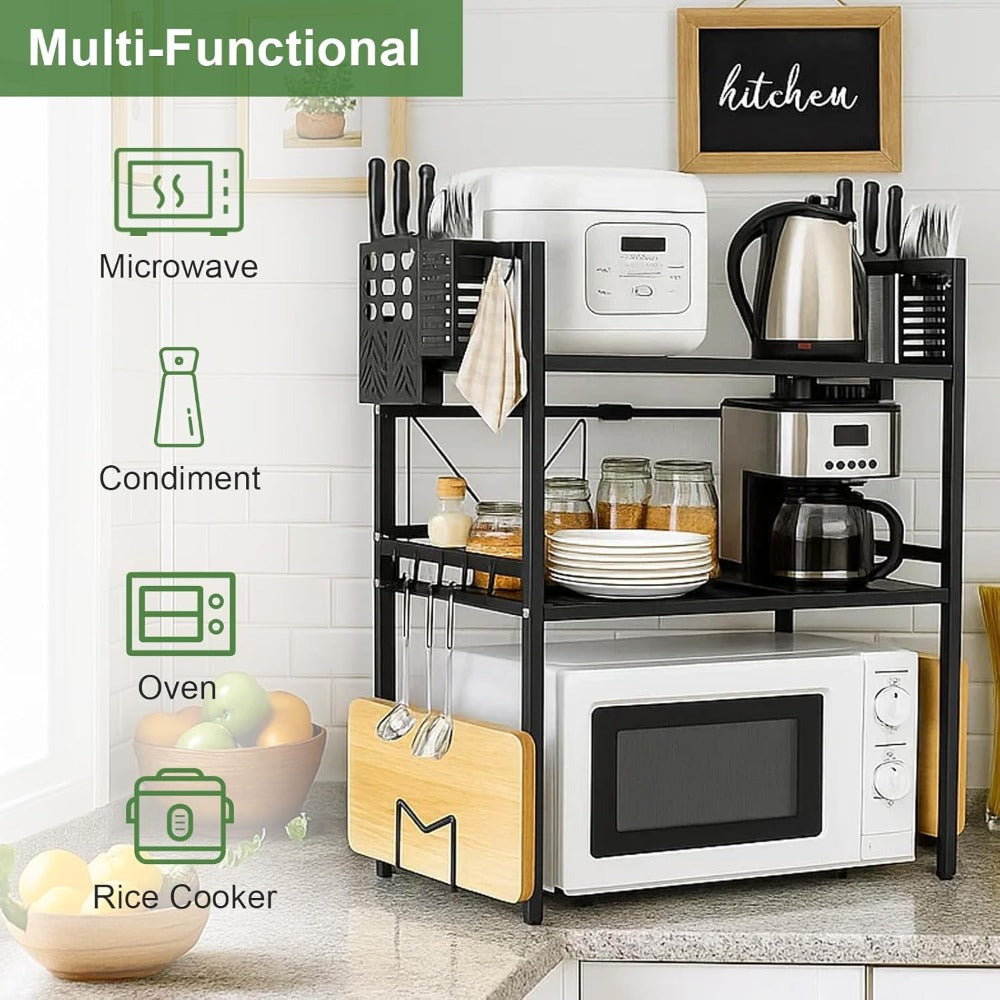 Heavy-Duty Expandable Microwave Rack - Adjustable Width (40-60cm) & Height, 3-Tier Kitchen Organizer with 6 Hooks, Space-Saving Countertop/Cabinet Storage Shelf, Sturdy Metal Construction, Easy Assembly for Microwave, Pots, Pans, Utensils - Ideal for Smal