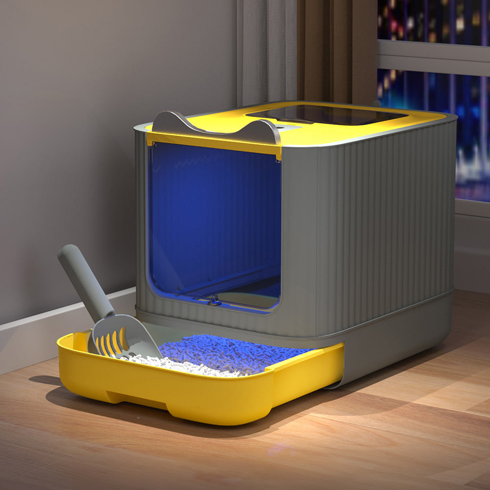 Enclosed Cat Litter Box with UV Sterilisation & Deodoriser | Large Hooded Cat Toilet with Drawer Tray & Scoop | Anti-Splash Odour Control Litter Tray | 44.5x36.5x34.5cm | Grey