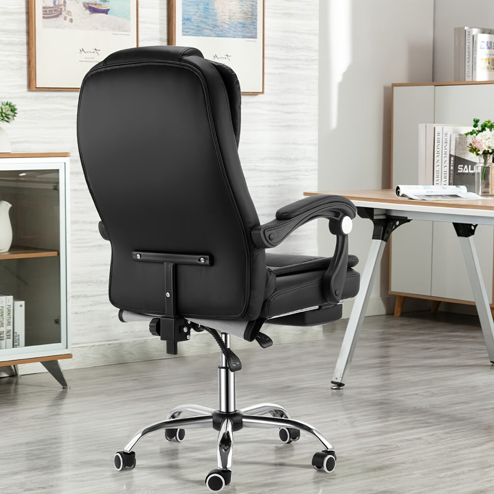 Executive Office Chair Ergonomic PU Leather Desk Chair with 2-Point Massage, Retractable Footrest, Adjustable Height 45-55cm, Reclining 90-135°, 5-Star Base for Home & Office