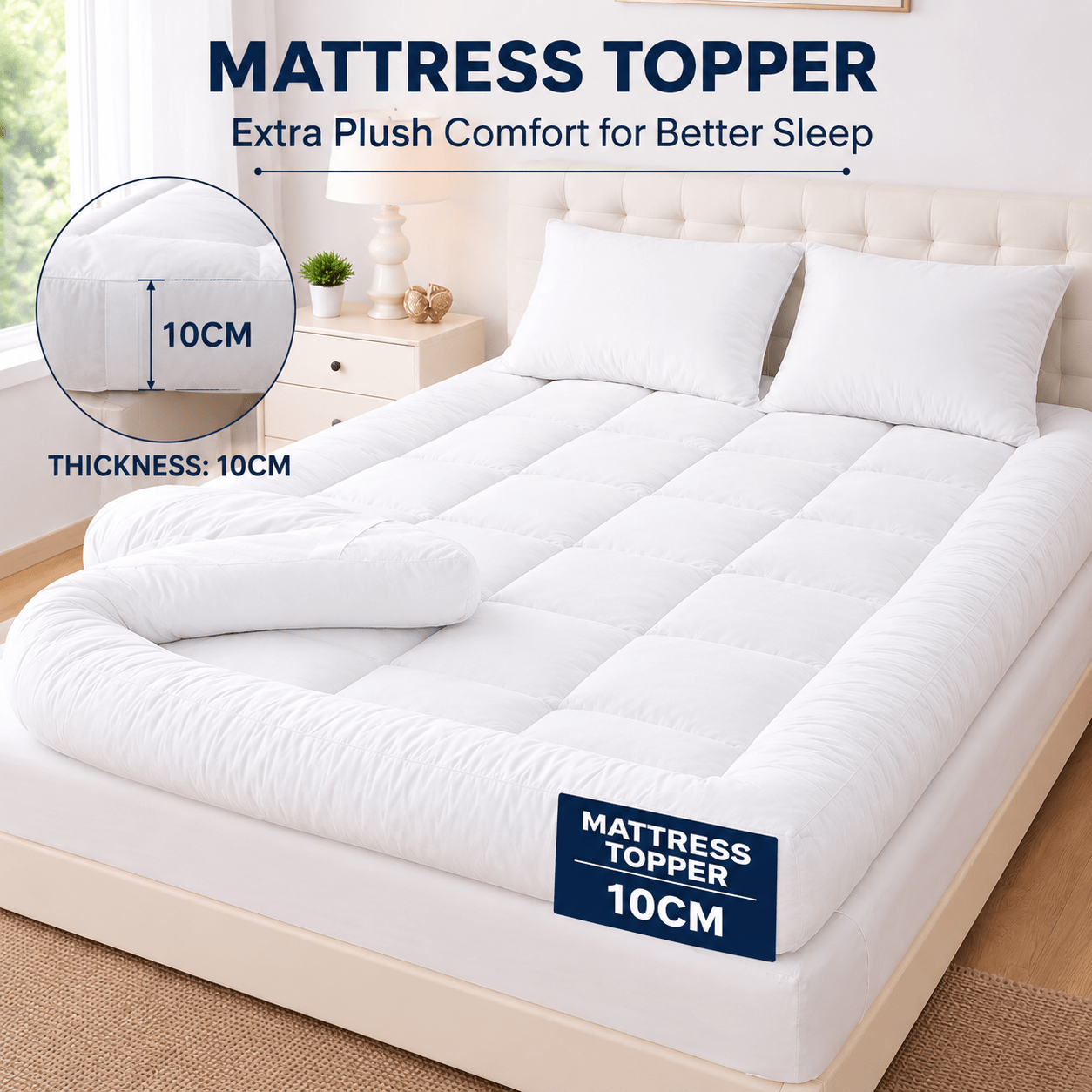 ELAFY White 10cm High Loft Mattress Topper | Hotel Quality, Super Soft & Brushed Microfiber Top with Hollowfiber Filling | Elasticized Corner Straps fits up to 40 CM