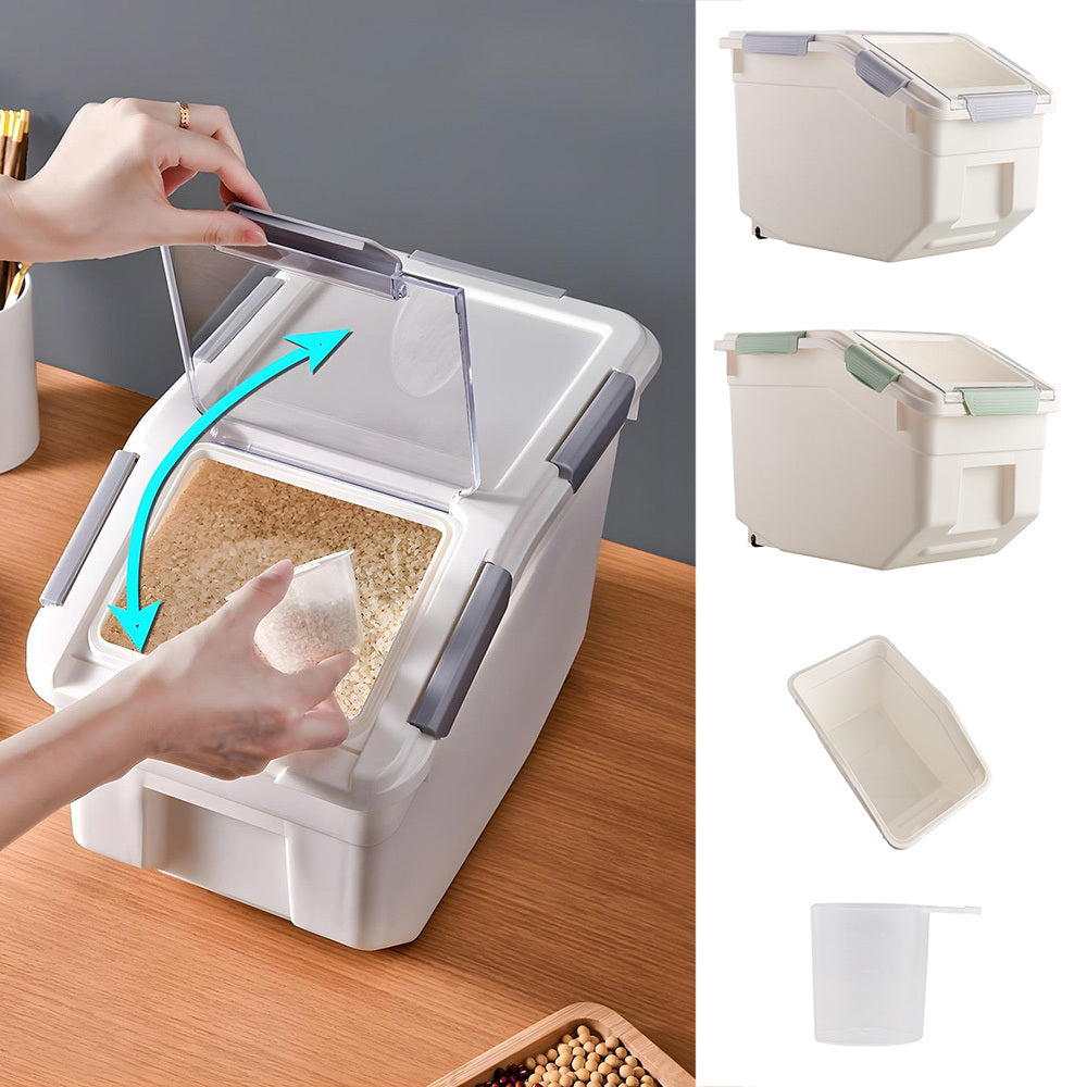 Rice Dispenser 10kg with Scoop, PP Rice Storage Container with Lid & Wheels for Dog & Cat Food, Flour, Cereal, Nuts, Beans, Kitchen Storage Box, Grey/ Green, 35*20*26CM