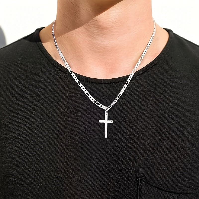 925 Sterling Silver Cross Necklace Beveled Edge Men Women Cut Durable Figaro Link Chain Cross Necklace Cross Pendant Necklace, Stylish And Durable Design - The Perfect Gift for Various Holidays, Gift Box