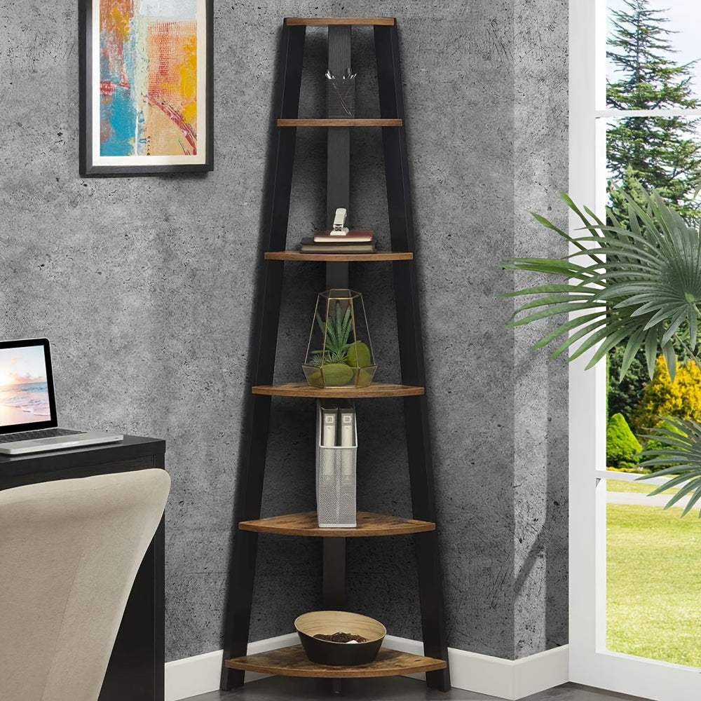 Corner Bookcase, Flower Rack, Shelving Unit, Book Shelf, 5 Tier Shelf Ladder Shelf Storage Unit Plant Holder for Living Room Industrial Style with Steel Frame, Home Decor Living Room, Brown And Black