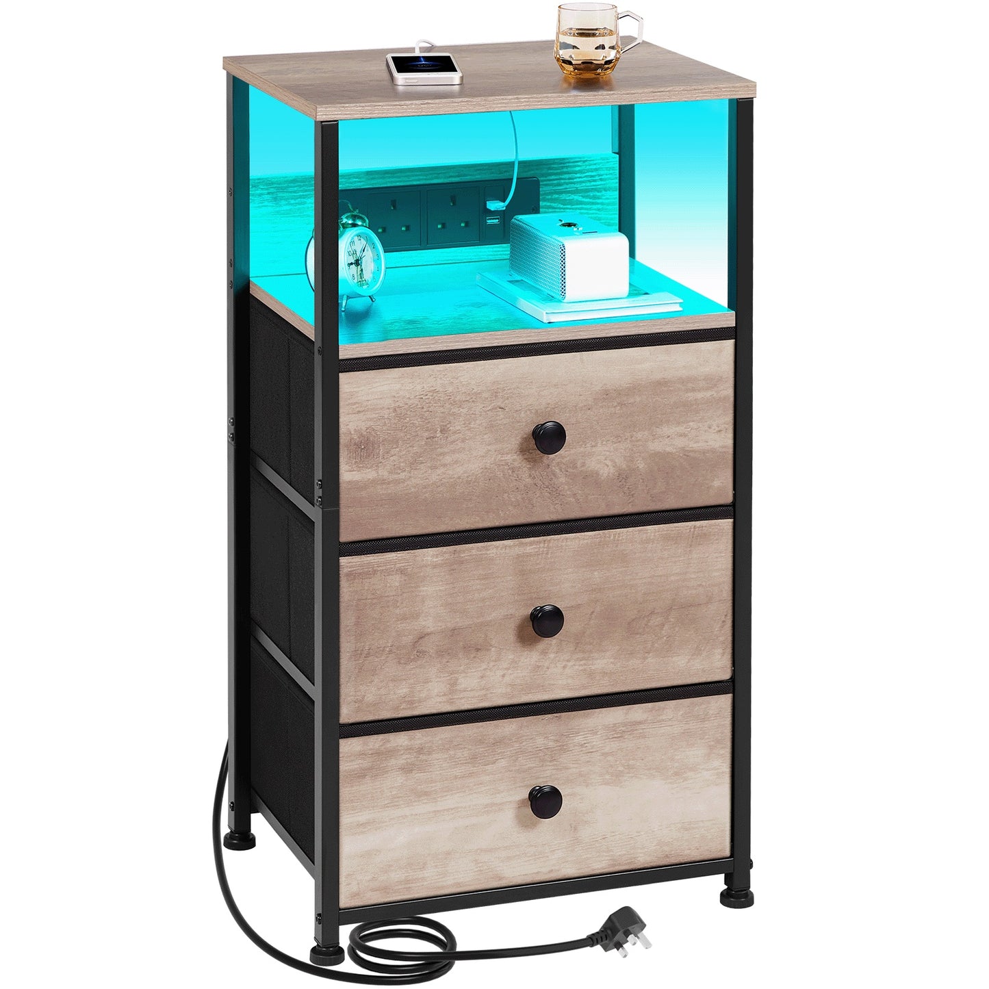 Bedside Table with Charging Station & LED Light – Nightstand 3 Fabric Drawers Open Shelf Bedside Cabinet for Bedroom Living Room White Black Brown Grey