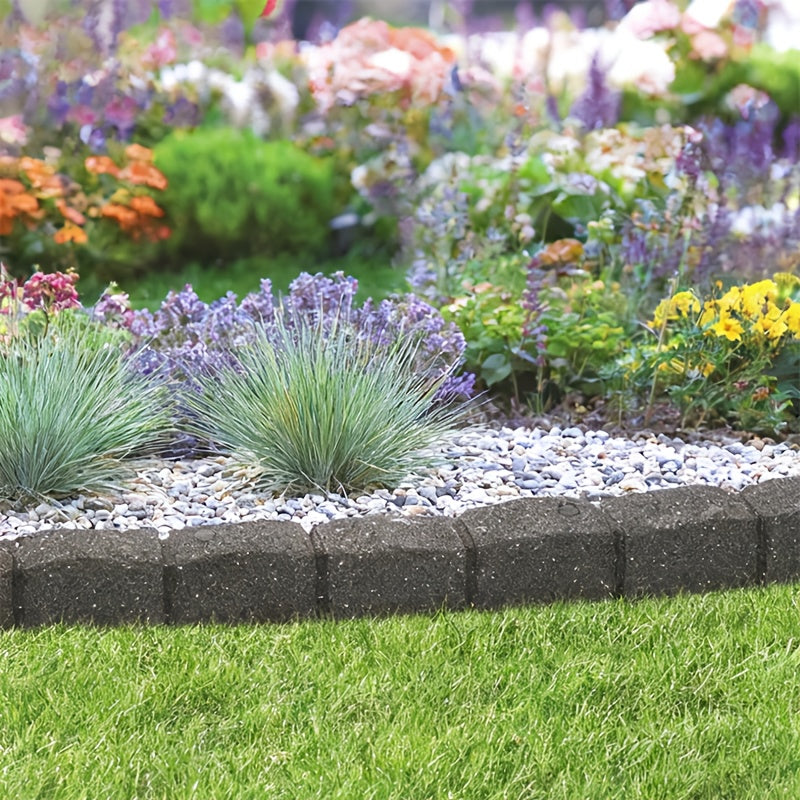 Rubber Stone Effect Garden Edging with 4 Ground Stakes - Decorative Roman Style Lawn Border for Flowerbed Path & Grass Divider, No-Dig Outdoor Garden Fence (1Set/2Sets) (Grey, Brown)