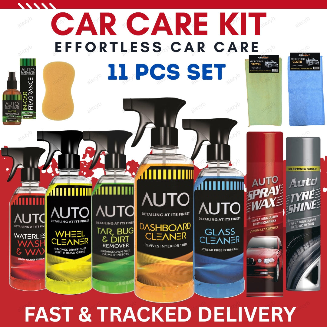 11pcs Complete Auto Car Cleaning Kit Includes Wash & Wax, Glass, Tyre Shine, Dashboard, Wheel, Spray Wax, Microfibre towel, Cleaning Clothes & More - D1