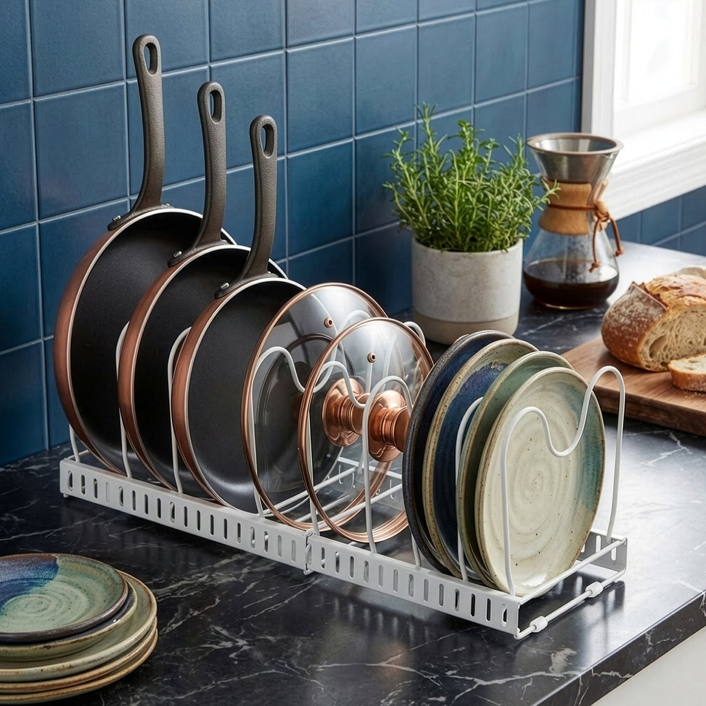 1 Set Pot and Pan Organizer Rack with 10 Adjustable Dividers – Expandable Kitchen Cabinet Storage for Lids, Dishes, Cookware – Bakeware Rack for RV & Home