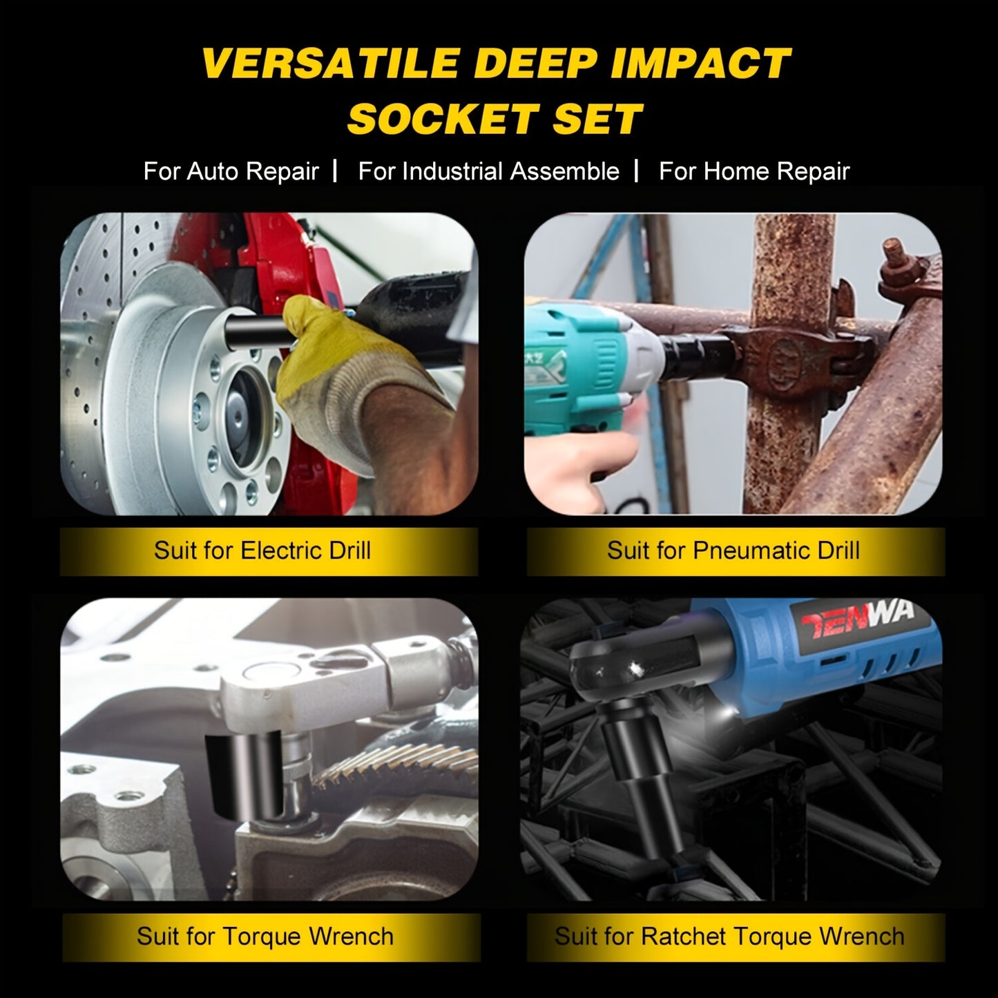10/20pcs, 1/2in, Deep Impact Socket Set, Portable Electric Wrench Socket Set, 10-24mm Caliber Hex Bit Tool Set, Local Stock Shipping, Deep Metric Socket Set, Long-Reach Wheel Wrench Nuts, Suitable for Industrial Repairs, Home Decoration, Automotive