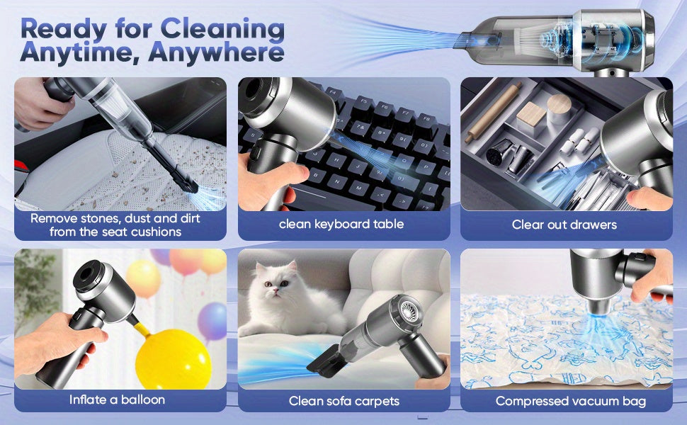 QILIEASY: 2026 New 100W High-Power Handheld Car Vacuum Cleaner with 20000Pa Powerful Suction, Wet and Dry Vacuum with Suction and Blowing Functions, Equipped with Hose and Crevice Tool, 2000mAh*3 Large-Capacity Battery