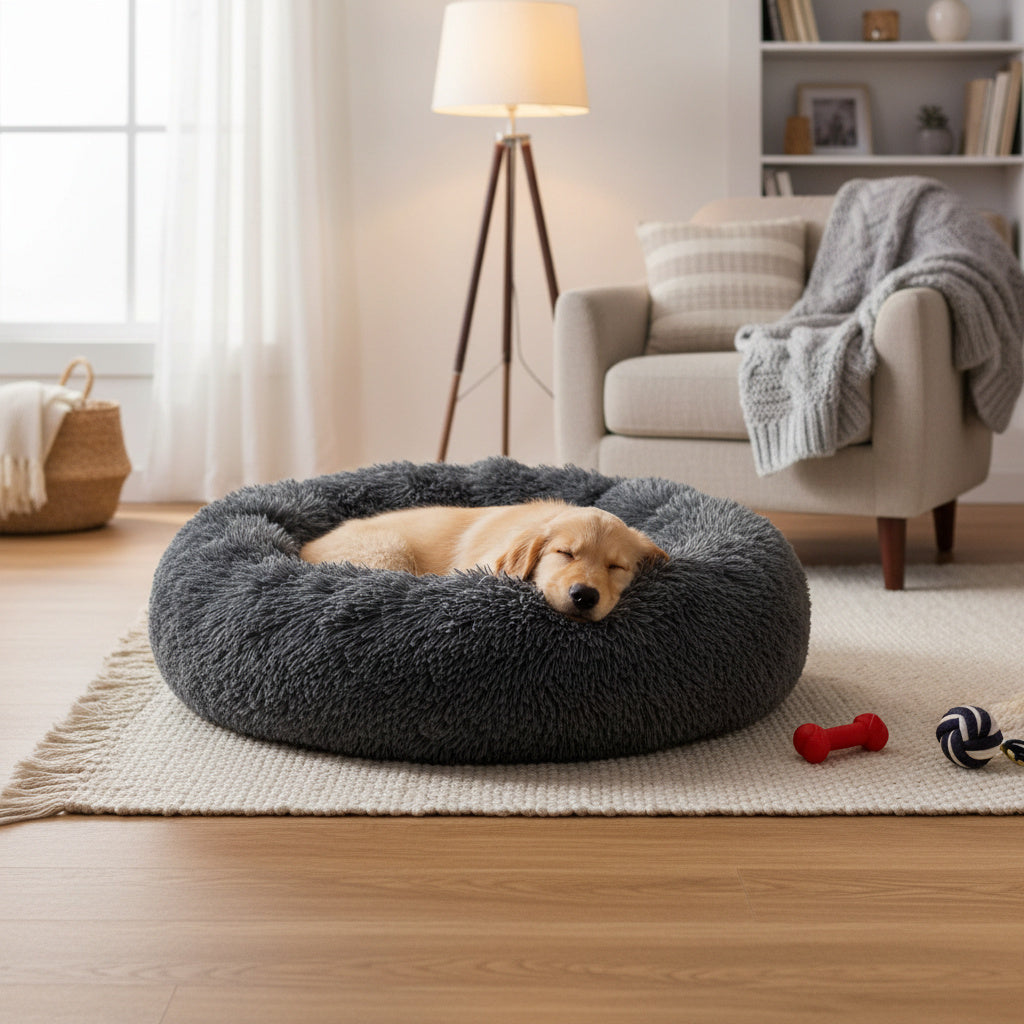 40/50/60/70cm Round Plush Donut Dog/Cat Bed Cuddler Pet Cushion Self-Warming Bed Washable Dog Bed with Non-Slip and Waterproof Bottom Calming Dog Bed