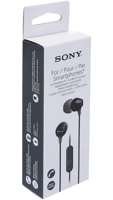 Sony MDR-EX15AP Earphones With Smartphone Mic And Control - Available in Black / White / Blue