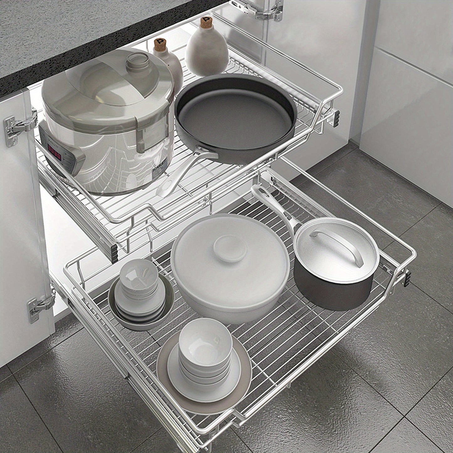 2pcs Telescopic Drawer Kitchen Cabinet, Cupboard Pull-Out Shelf Kitchen Drawers Kitchen Shelf Organizer Basket for Bedroom Drawer Full Extension, Load Capacity Up to 20Kg