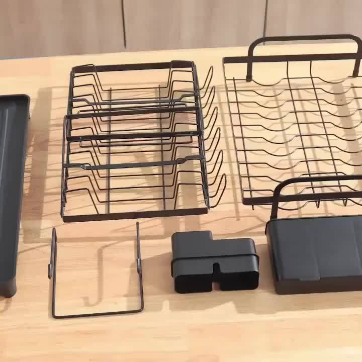 2 Tier Black Dish Drainer Rack, Stainless Steel Drying Rack Kitchen, Drainers Draining Board with Drip Tray, Rust Proof Large Washing Up Sink