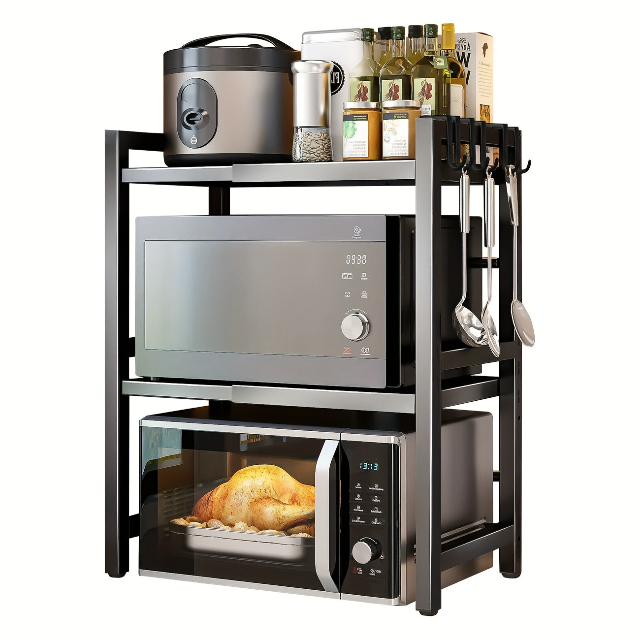 2/3 Layer Expandable Kitchen Microwave Stand with 6 Hooks, Designed for Efficient Utensil Organization, Adjustable Width Fits Most Microwaves, Promoting Orderliness And Ease In The Kitchen Festival Gifts