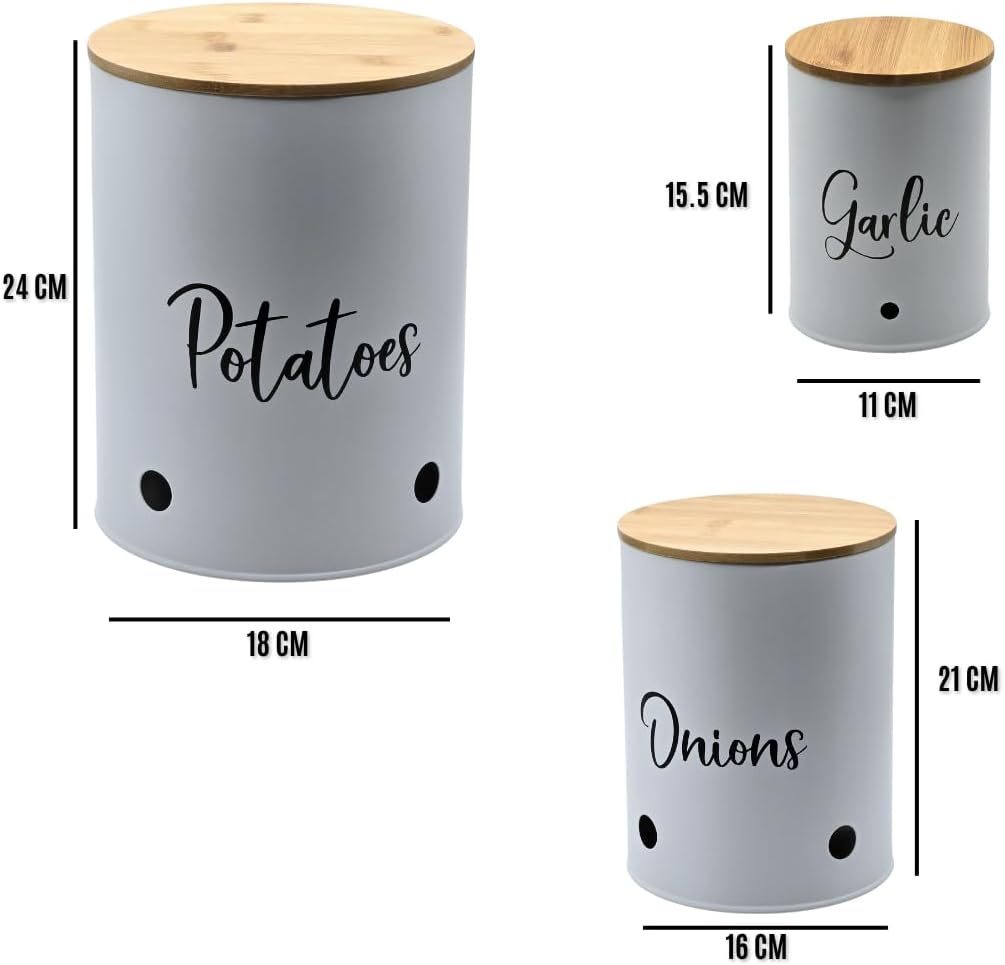 Trendi 3-Pack Stackable Vegetable Storage Tins – White Round Metal Canisters for Potato, Onion & Garlic – Kitchen Pantry Jars with Lids & Air Vents