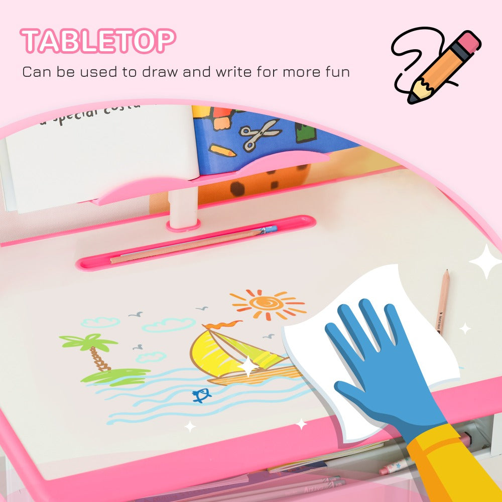 Kids Desk and Chair Set Adjustable Height – Pink Study Table with Drawer, Book Stand & Pen Slot | Ages 6-12 | EN71 Certified | 60x45cm
