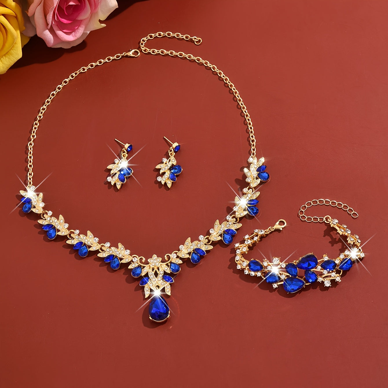 Luxury Blue Jewelry Three-Piece Set: Teardrop Pendant Necklace + Bracelet + Earrings, Women's Banquet Accessories