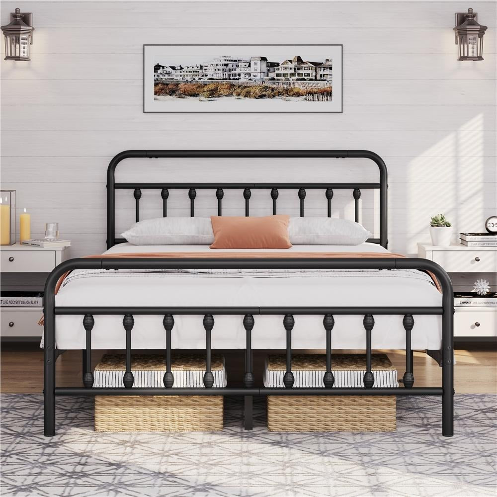 Vintage Iron Metal Bed Frame with High Headboard & Footboard, Sturdy Platform Bed Foundation Single Double King, Anti-Slip Anti-Squeak Slat System, White Black Pink