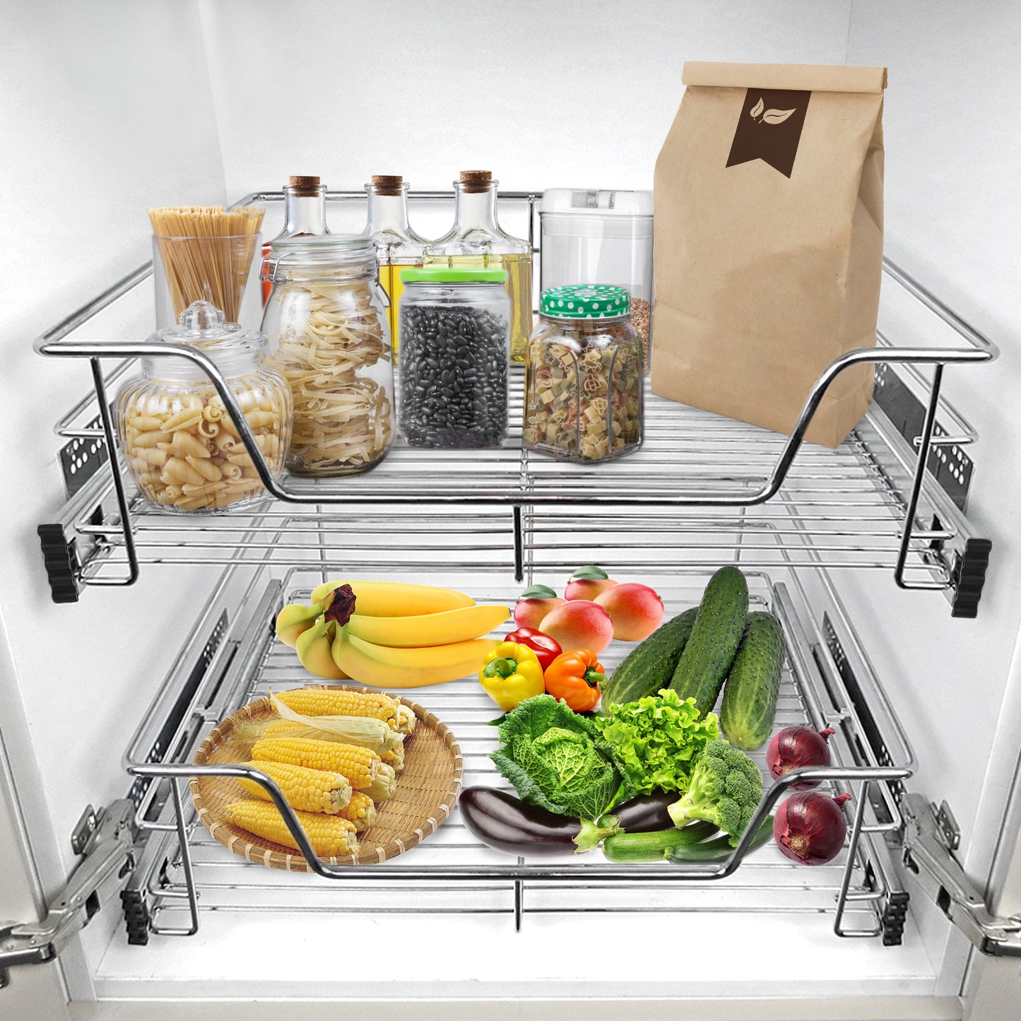 2X Kitchen Drawer Telescopic Drawer Full Extension Kitchen Cabinet Cupboard Pull Out Bedroom Cabinets Load Bearing Basket Pull Out Household Kitchen Shelf