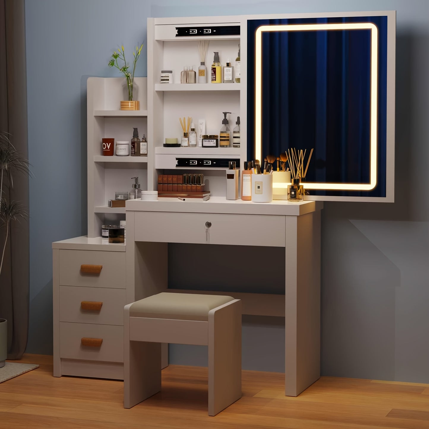 Dressing Table White with Sliding Mirror, USB Make Up Lights And Chair, Dressing Table with 4 Drawers And Stool, Cosmetic Table with 5 Open Compartment, Easy to Assemble, Modern Design, Gift for Daughter Girlfriend And Wife