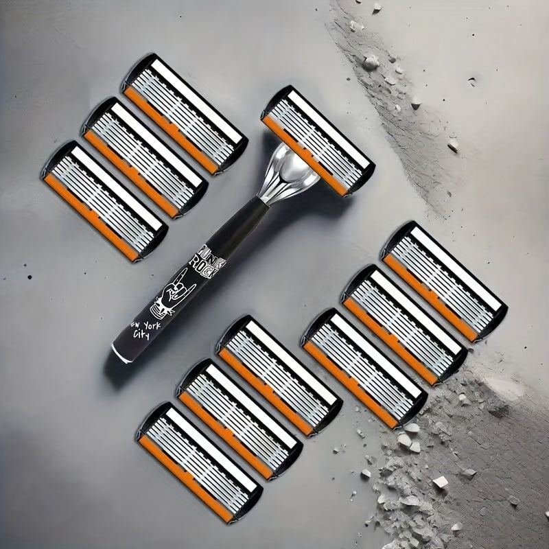Hip-Hop Style Men'S Manual Razor with Orange And White Blade Color Scheme, Featuring Six Ultra-Sharp Blades. Each Set Includes 2 Premium Handles And 36 Replacement Blade Cartridges, Comes with a Cleaning Brush for Easy Maintenance And Repeated Use