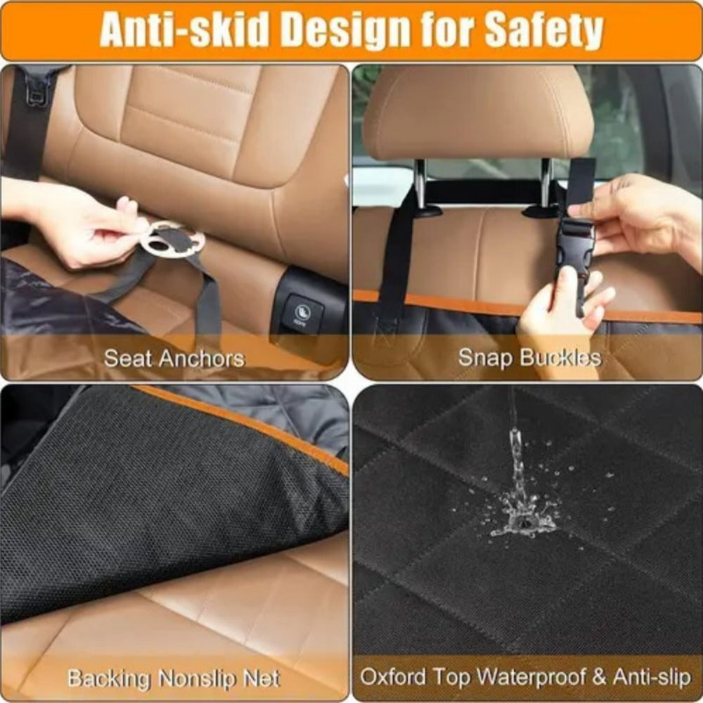 Waterproof Dog Car Seat Cover with Safety Harness Quilted Scratch Resistant Pet Hammock for Cars Trucks SUVs Black Orange Polyester Travel Cover