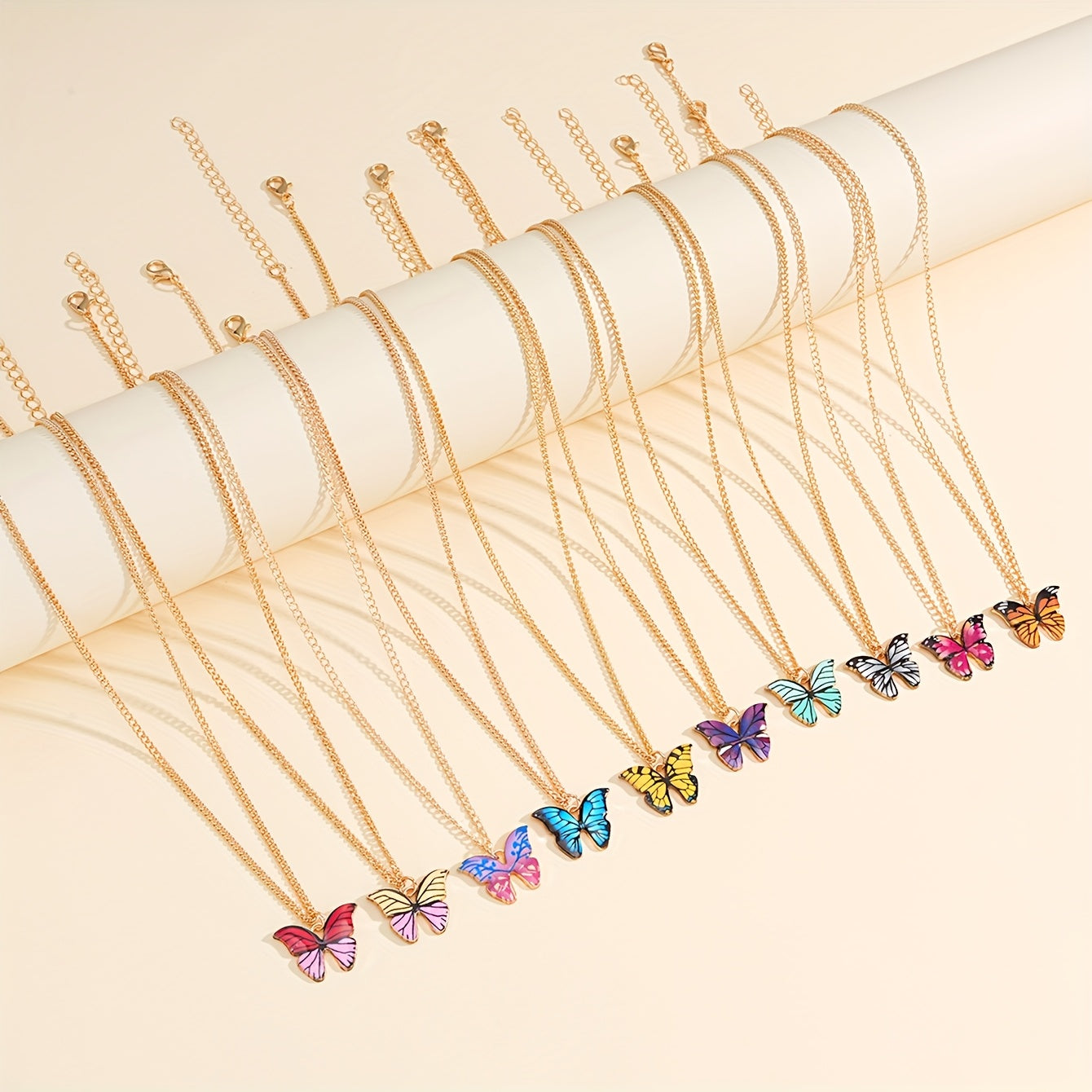 10pcs Set of Fashionable, Elegant, and Minimalist Colorful Butterfly Y2K Pendant Necklaces, Unisex Design Suitable for Vacation, Parties, Dates, Gifts, Daily Versatility, Includes a Greeting Card with Festive Wishes