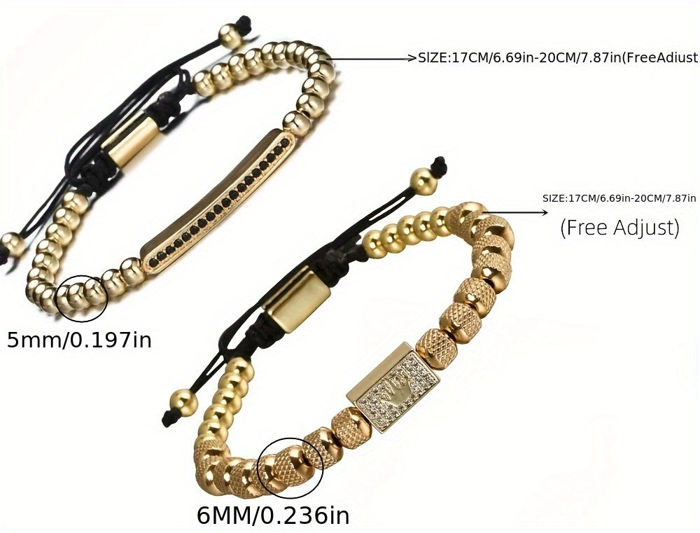 2pcs/Set Charming Bracelet Men'S 6Mm Mesh Bead Bracelet Bead Matching Square Micro-Pave Crown Men'S Bracelet Set