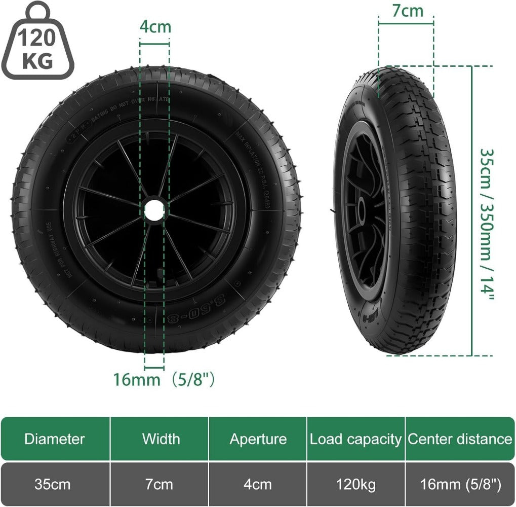 14 Inch Wheelbarrow Wheel Solid Tyre 350mm Heavy Duty 120kg Replacement Wheel for Garden Trolley Barrow Cart 16mm Axle UK