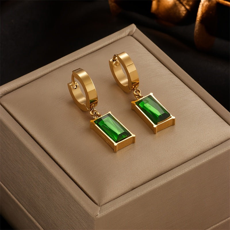 Stainless Steel Rectangular Green Synthetic Zirconia Snake Bone Necklace and Earring Set, Unisex Collarbone Chain with Synthetic Zirconia Pendant and Earrings, Banquet Jewelry Set (No Gift Box). Necklace and Earrings Can Be Purchased as a Set or