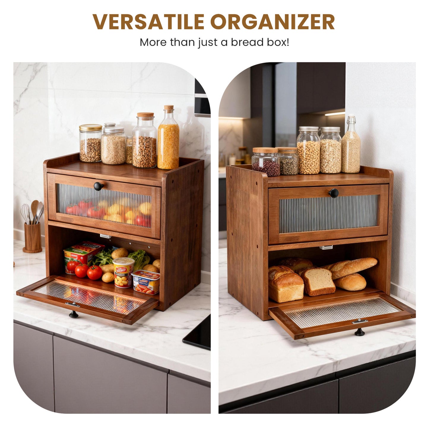 Double Layer Bread Box for Kitchen Counter, 2 Decker Large Wooden Bread Bin, Corner Bread Storage Container with Acrylic Windows, Dry Food Container with Air Vents to Keep Fresh, Self Assembly