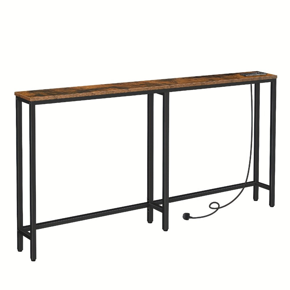 Narrow Console Table with Charging Station 160cm – Slim Hallway Table, Behind Sofa Couch Table for Entryway & Living Room, Rustic Brown & Black