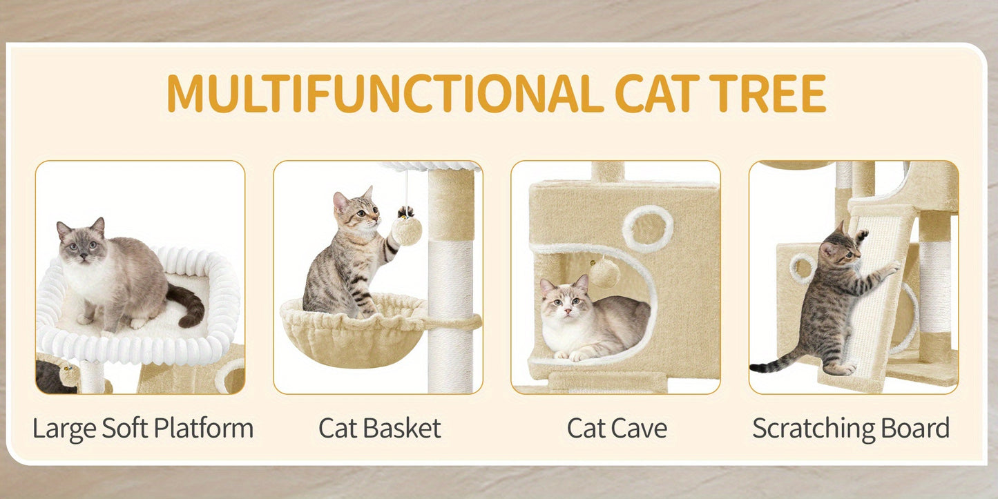 98cm Cat Tree, Cat Tower for Indoor Cats, Multi-Level Cats House Furniture with Scratching Post, 2 Caves, Large Platform, Scratching Ramp, Pompom, Light Grey