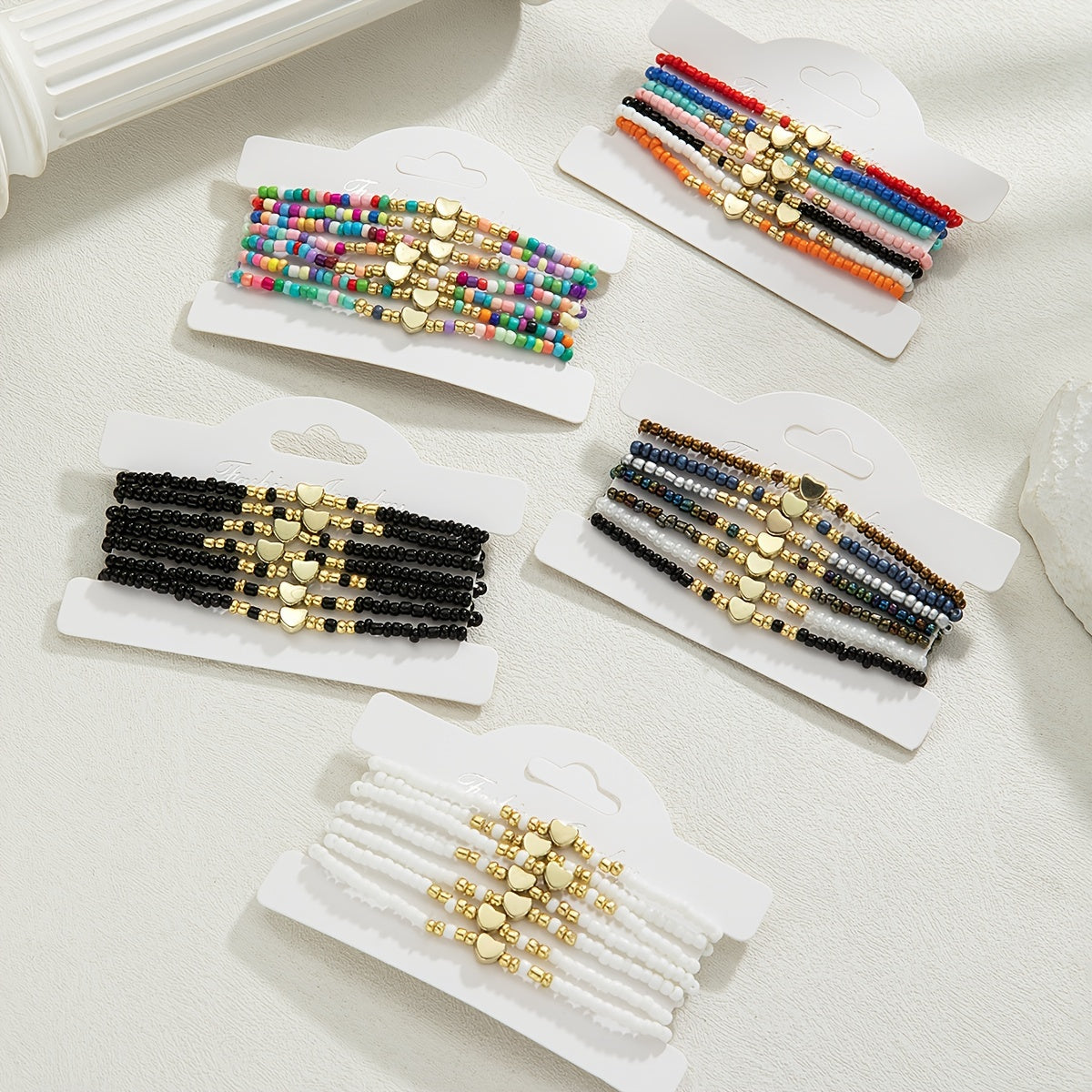 35pcs Bohemian Style Mixed Color Seed Bead Stackable Heart Bracelet Set, Holiday Gift Bracelet