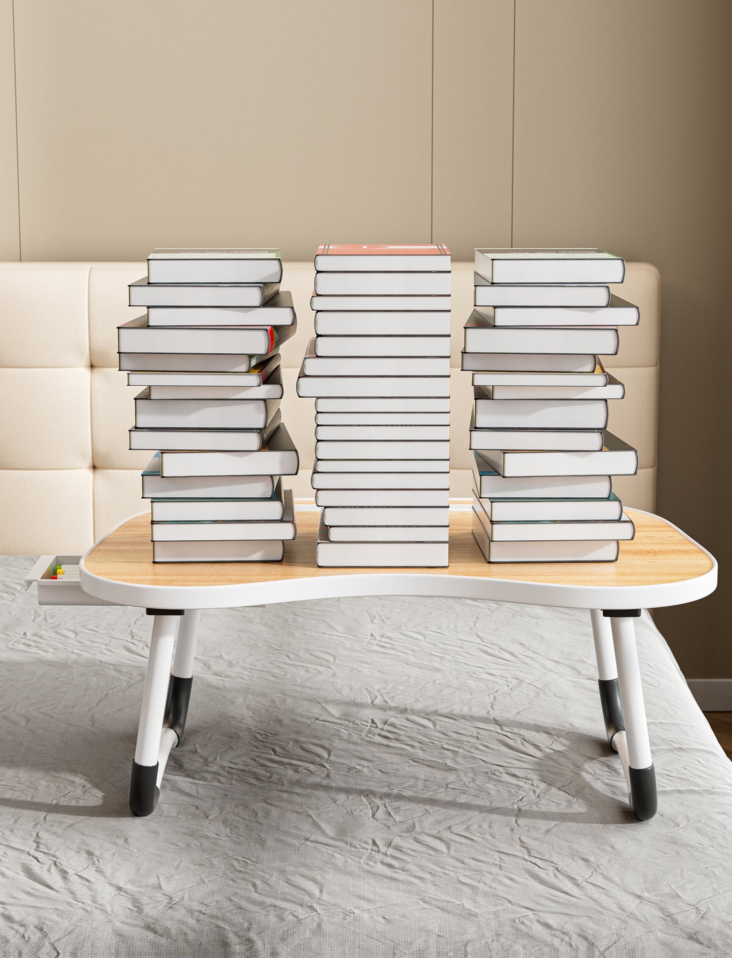 Foldable Adjustable Bed Table with Liftable Tabletop & Cup Holder - Wood Suitable for Home Office Desk, Breakfast Tray, Laptop Desk for Bed, Space-Saving Foldable Leg Table for Small Spaces, Dorm, for Watching Movies in Bed