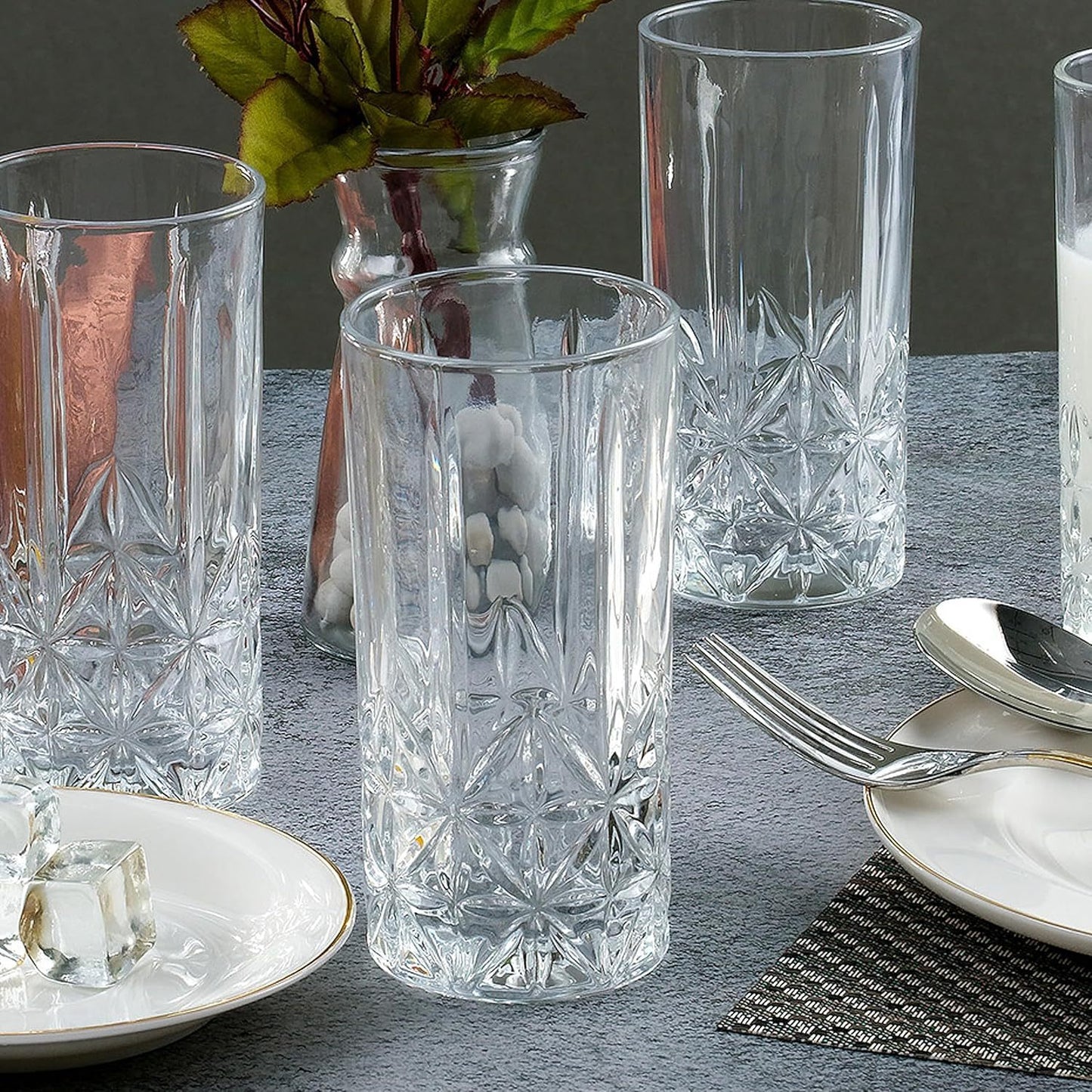 Set of 6 Diamond Pattern Highball Glasses - 280ml (11.8oz) Crystal Clear Drinking Glasses, Elegant Geometric Glassware for Cocktails, Water & Juice, Vintage Style Barware Set
