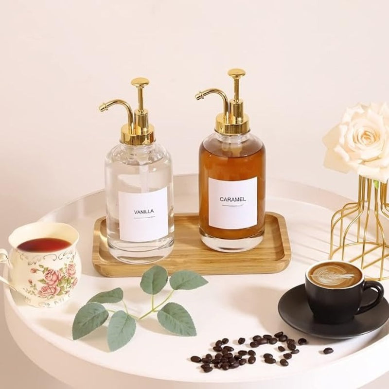 Glass Coffee Syrup Dispenser, Press-Type Liquid Dispenser 2pcs Set, Glass Honey Pot Honey Jar Shampoo and Conditioner Dispenser, 500ml, Gold