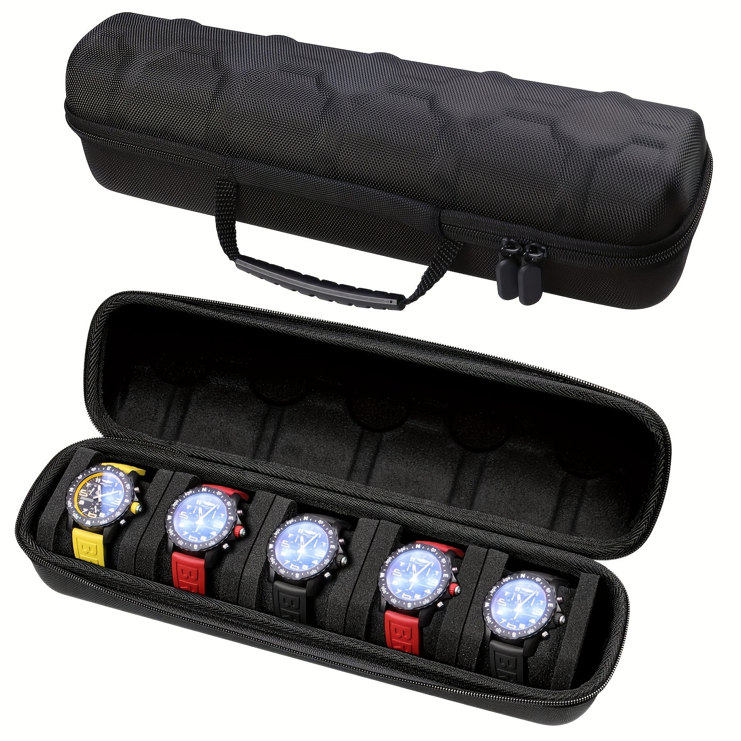 Single Piece 5-Compartment for Watch Storage Solution, Featuring a Cushioned Divider And Handle, Flip-Top Lid, Robust Travel Case, Scratch-Proof Design, Suitable for All Genders, Versatile for Home And Travel Use, Protective Cushioning