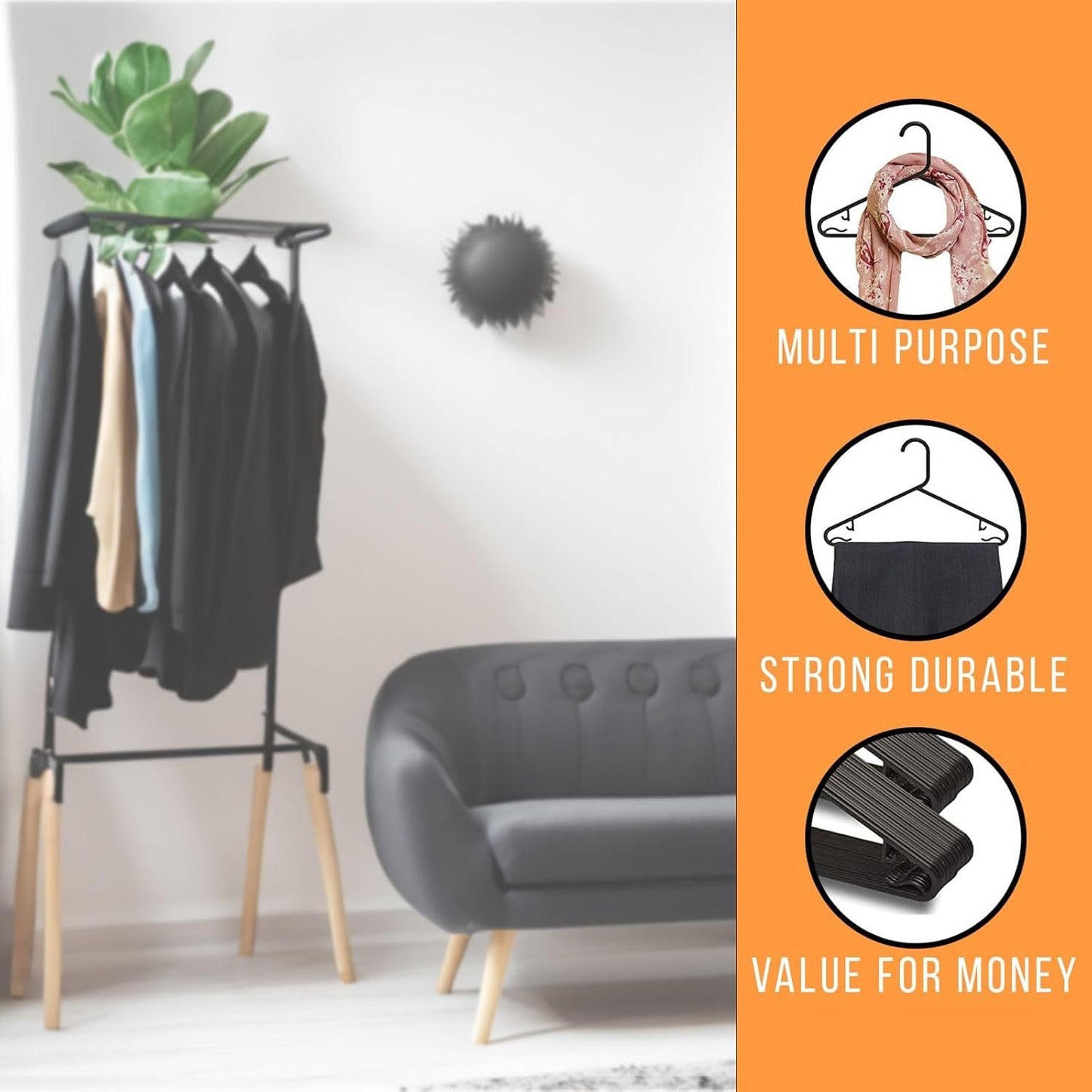 STL Adult Plastic Coat Hangers (60pcs/Black) - Premium Space-Saving Wardrobe Organizer with Strap Hooks and Secure Lip