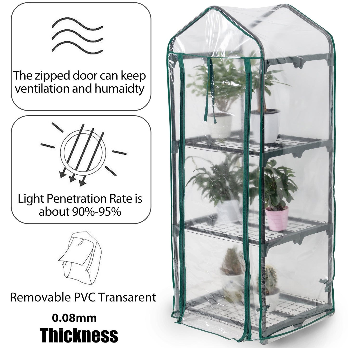 3 Tier Greenhouse, Small Plant Greenhouses, With Transparent Plastic PVC Cover, Indoor outdoor tent garden greenhouse (51 x 45 x 130 cm)