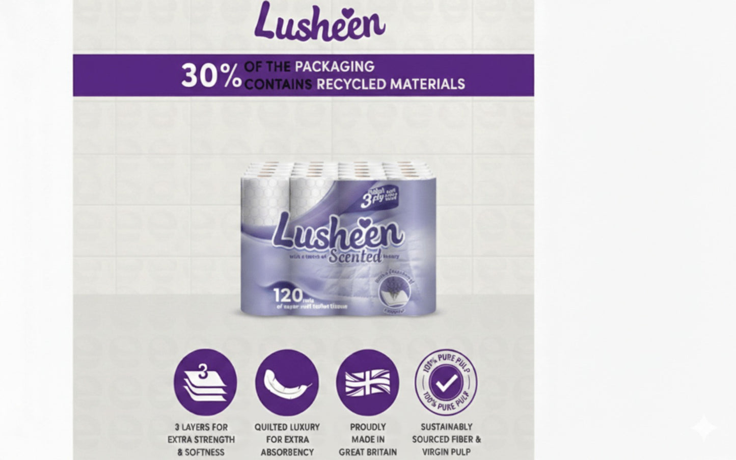 Lusheen Lavender 3-Ply Toilet Roll 120 Rolls Bulk Pack 150 Sheets Per Roll Quilted Scented Ultra-Soft Toilet Paper UK