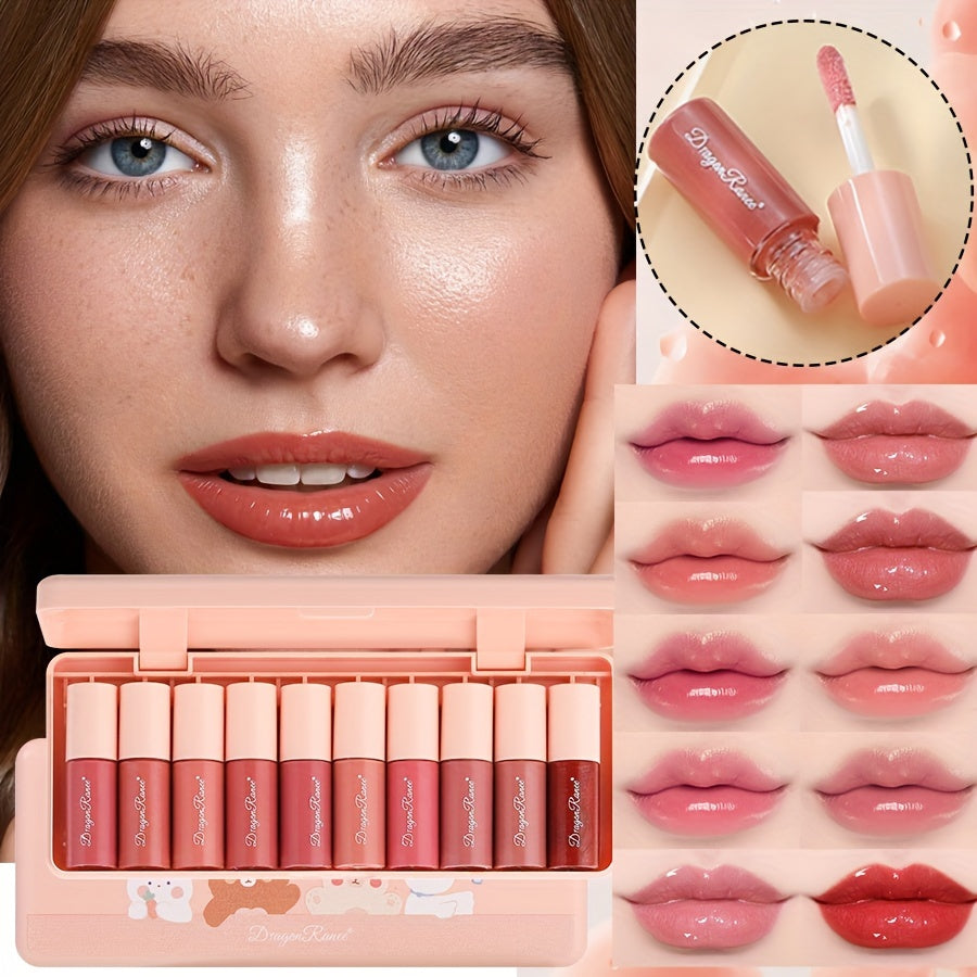 10-Color Set of Pearlescent Lip Gloss with Fine Shimmer, Long-Lasting Waterproof Lipstick That Doesn'T Easily Fade, Smudge-Proof Lip Liquid, And a Mirror-End Lipstick Set