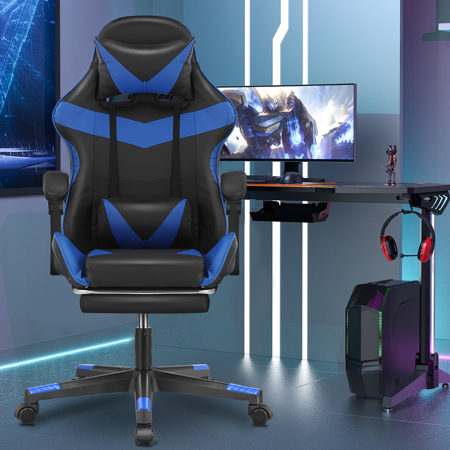 Gaming Chair, Racing Ergonomic Computer Chair with Footrest and Lumbar Cushion, Adjustable Headrest, Office Gaming Chair, 150 Kg Load Capacity, Black-Blue