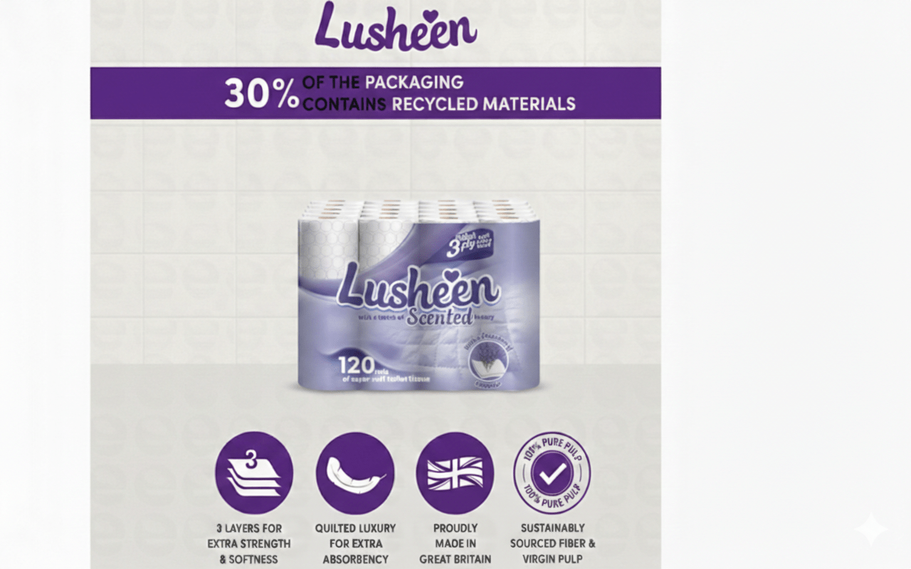 Lusheen Lavender 3-Ply Toilet Roll – 120 Rolls Bulk Pack (150 Sheets/Roll) – Premium Quilted, Scented & Ultra-Soft Toilet Paper